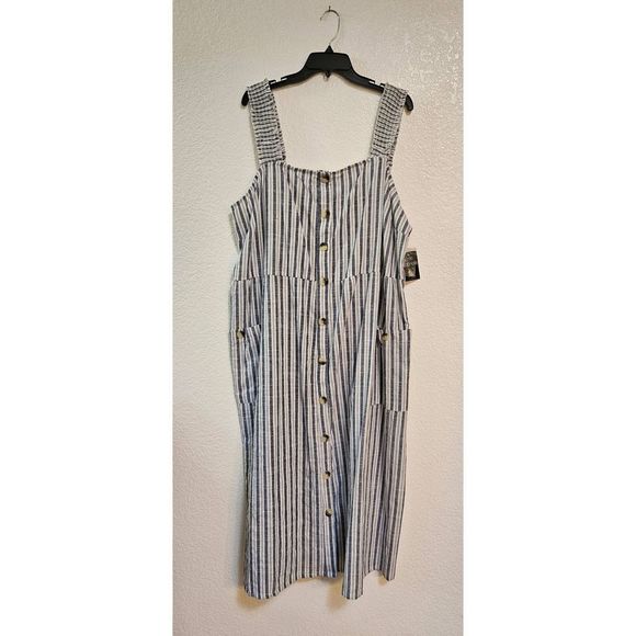 NEW Mlle Gabrielle Stripped Dress Womens Plus Size 3X Front Pockets Smocked Back - Picture 1 of 8